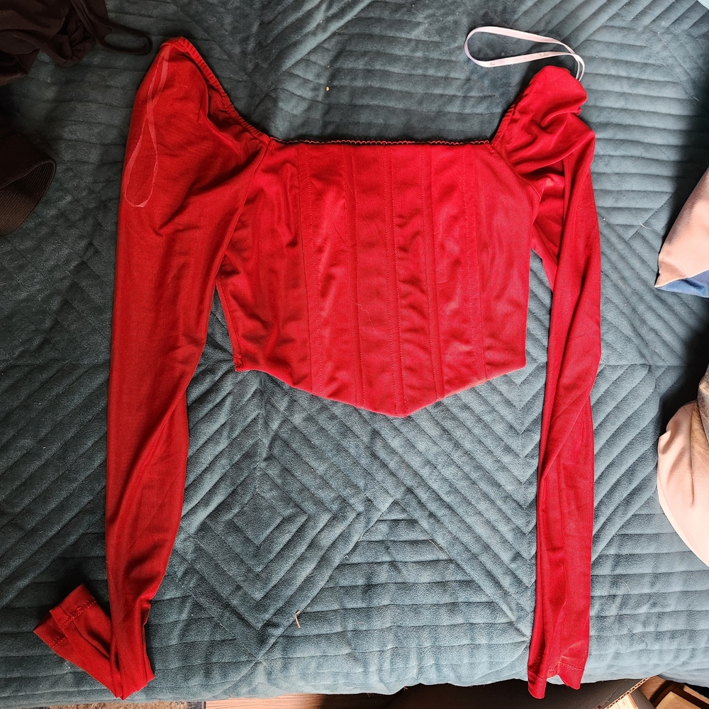 Lulu's Vibrant Red Long Sleeve Corset Mesh Cropped Blouse